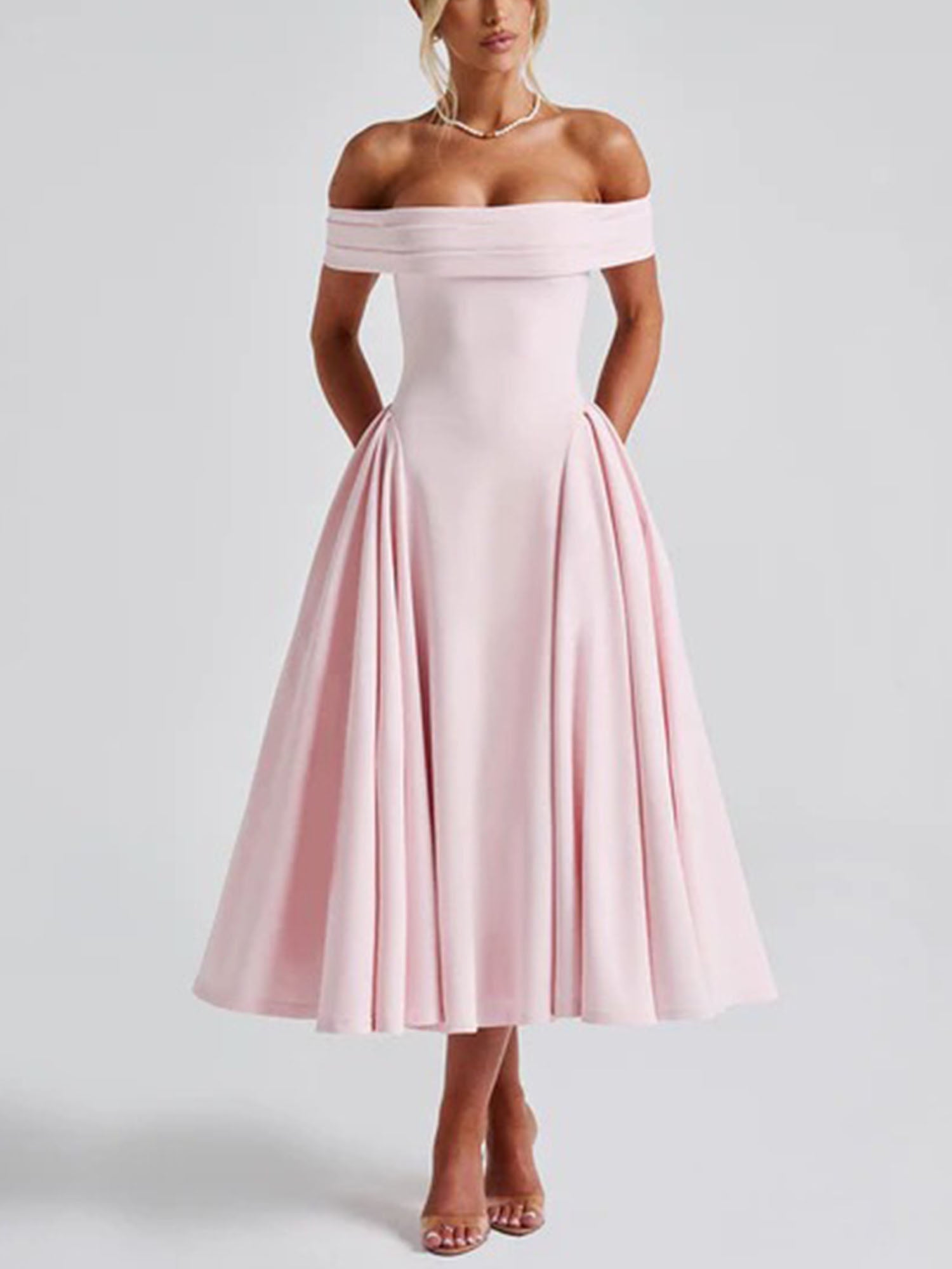Pink Off-Shoulder Vintage-Inspired Midi Dress – Gretachic