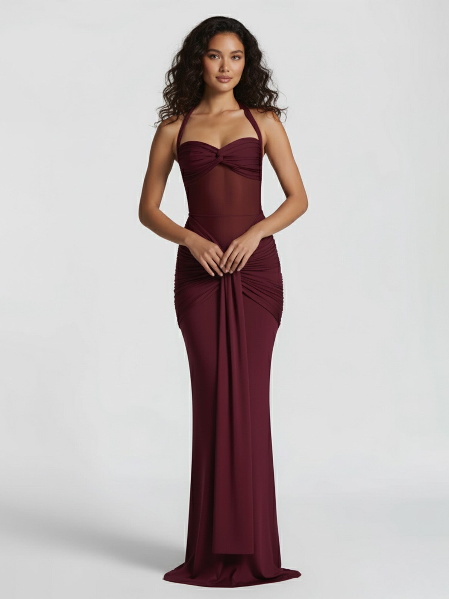 sheer red maxi dress Draped Halter Elegance – Gretachic destined to leave a parentId:251541 Color:IVORY/BLACK/GUNMETAL Minimal Simple Crepe Wedding