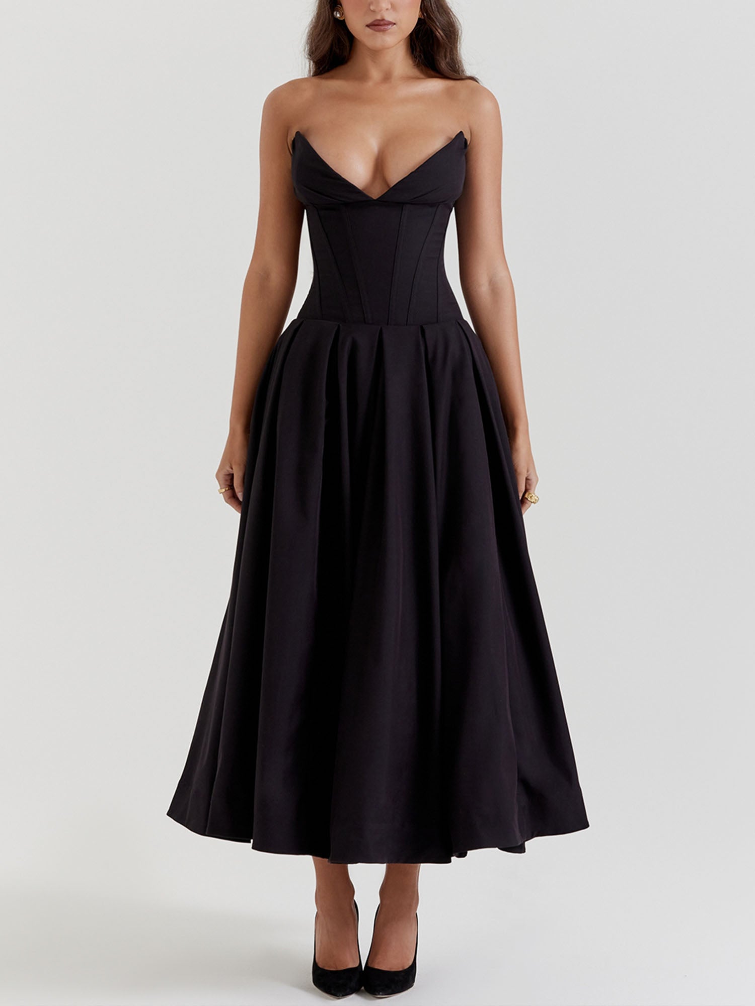 black fit and flare midi dress Black Strapless Fit-and-Flare Midi Dress – Gretachic