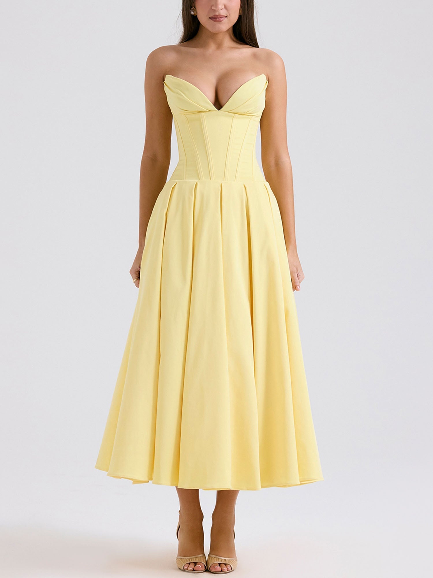strapless fit and flare midi dress Yellow Strapless Fit-and-Flare Midi Dress – Gretachic