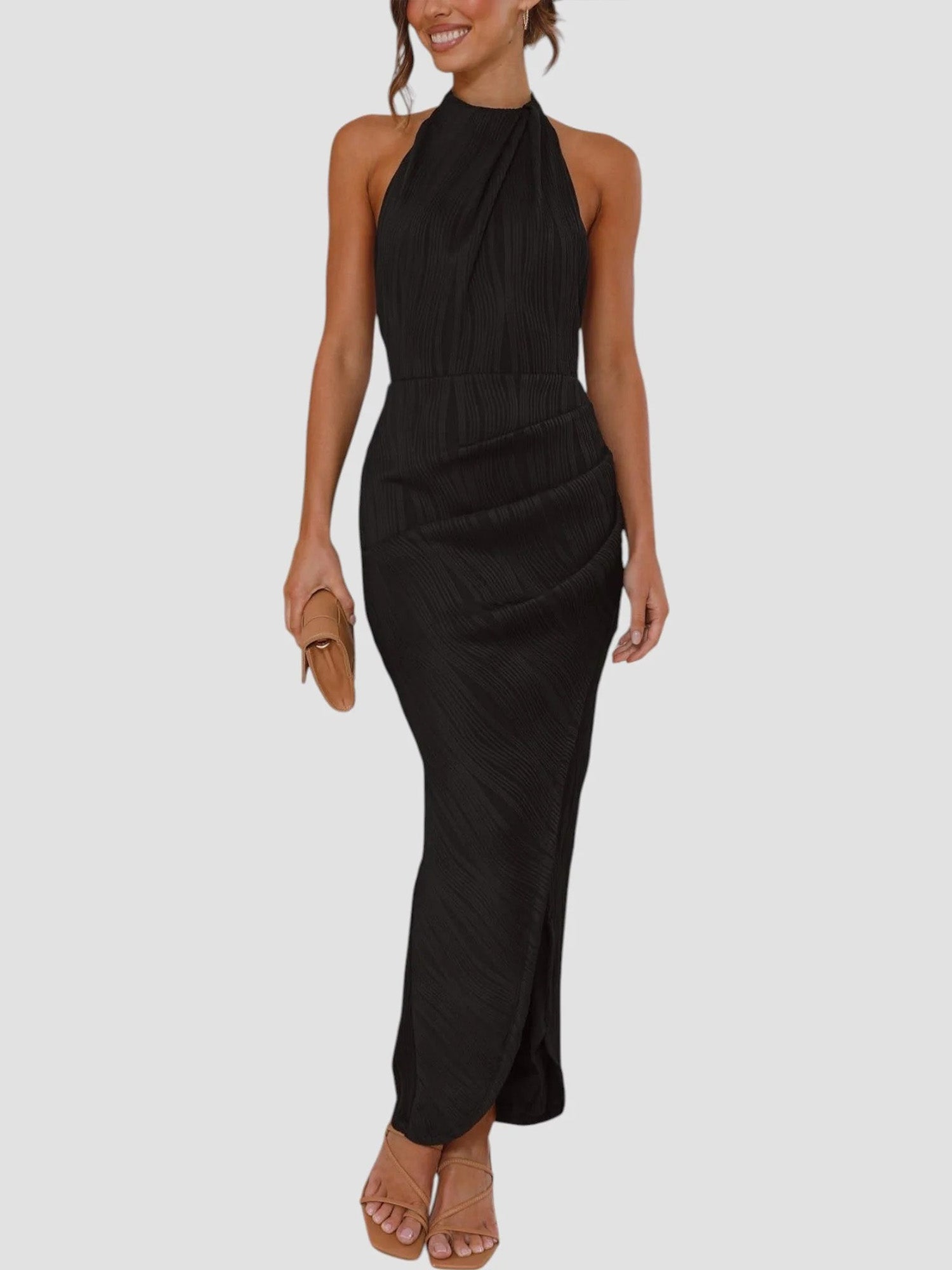 Black Halter Pleated Midi Dress Gretachic Black Halter Pleated Midi Dress Gretachic