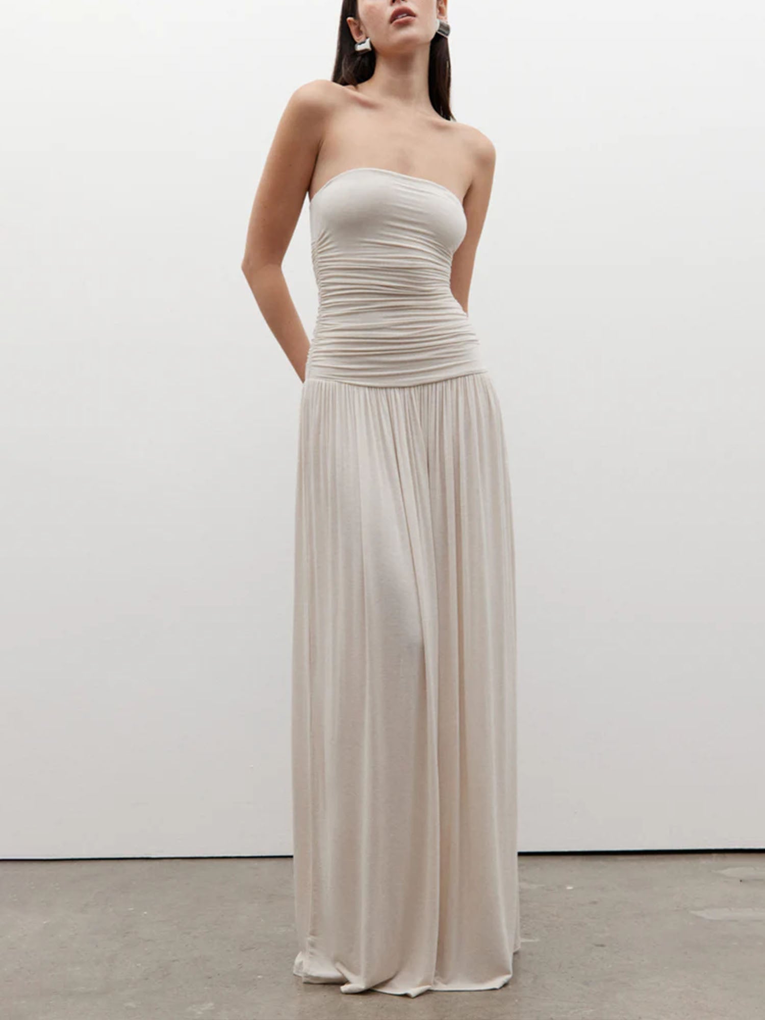 White Strapless Ruched Maxi Dress – Gretachic