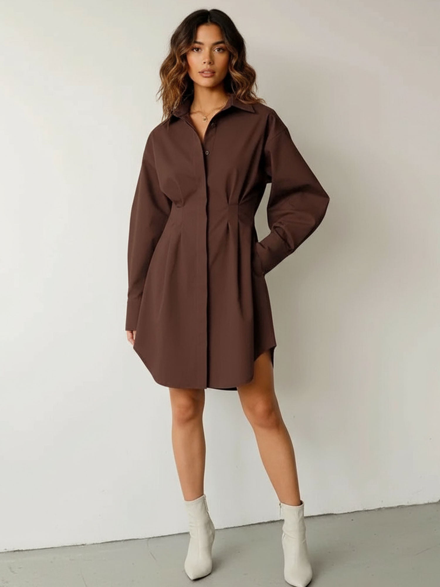 shirt dress brown Pleated Midi with Swing Silhouette for Elegant Style Xiaolizi a plant Brown Shirt Dress BLANK