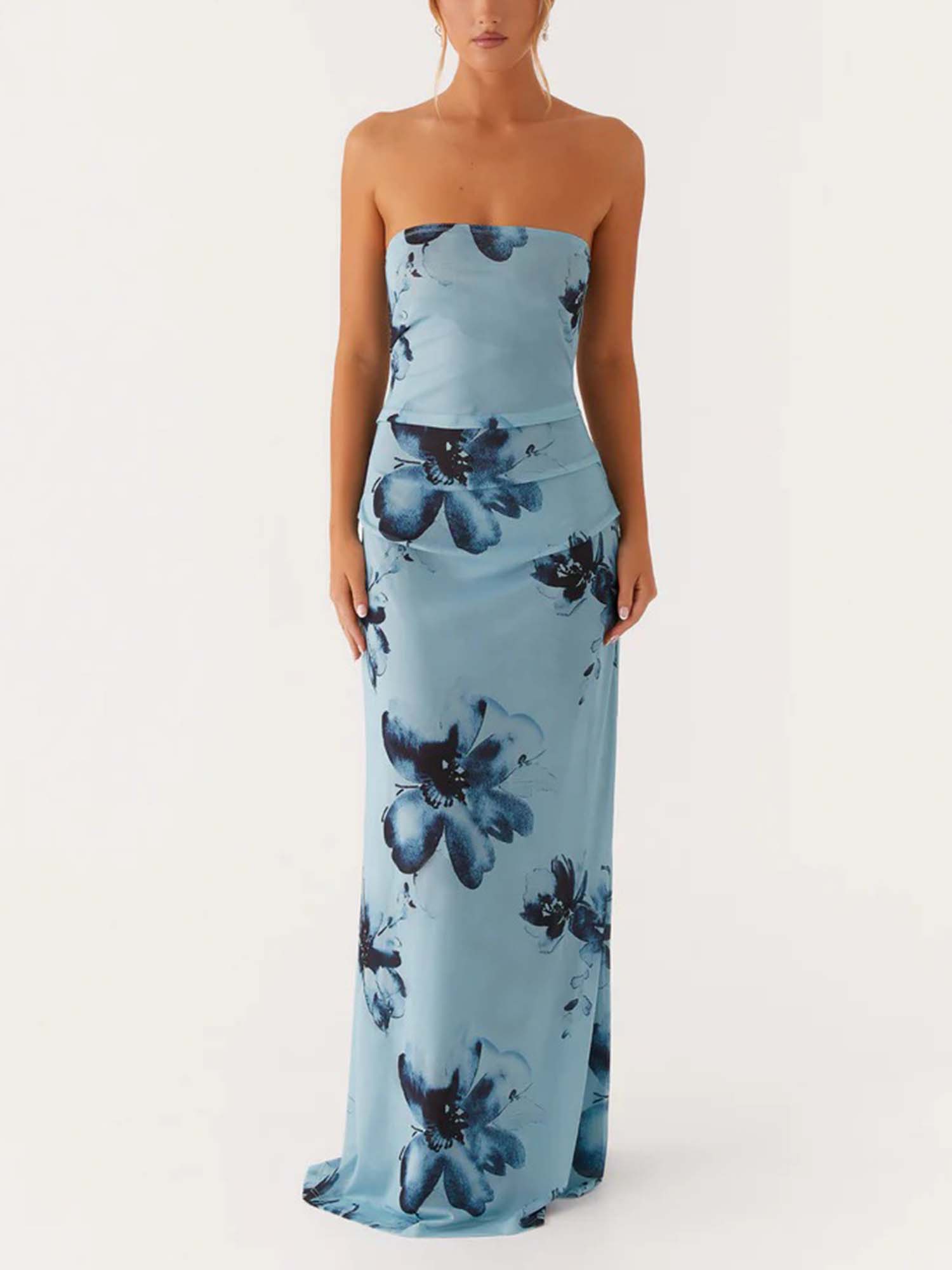 Dusty Blue Strapless Floral Print Maxi Dress – Gretachic