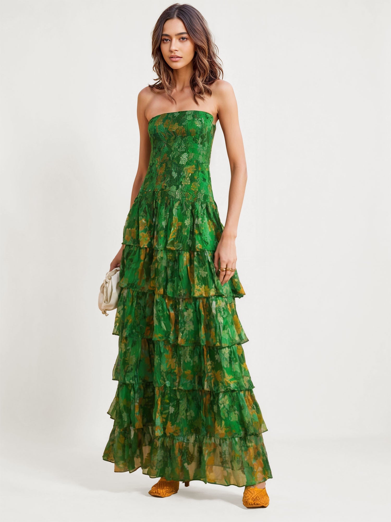dark green floral maxi dress Tiered – Gretachic Kearny Ruffle Maxi Dress Color:Antique Gold Long-Sleeve Button-Front Pleated Knit Burgundy overcoat