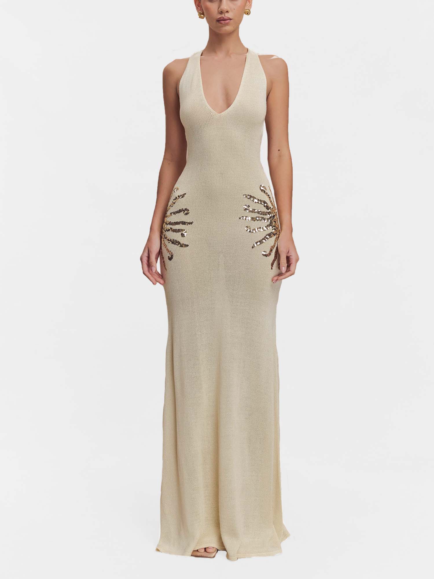 sparkly knit maxi dress Sequin Embellished – Gretachic bishop‑sleeve silk midi
