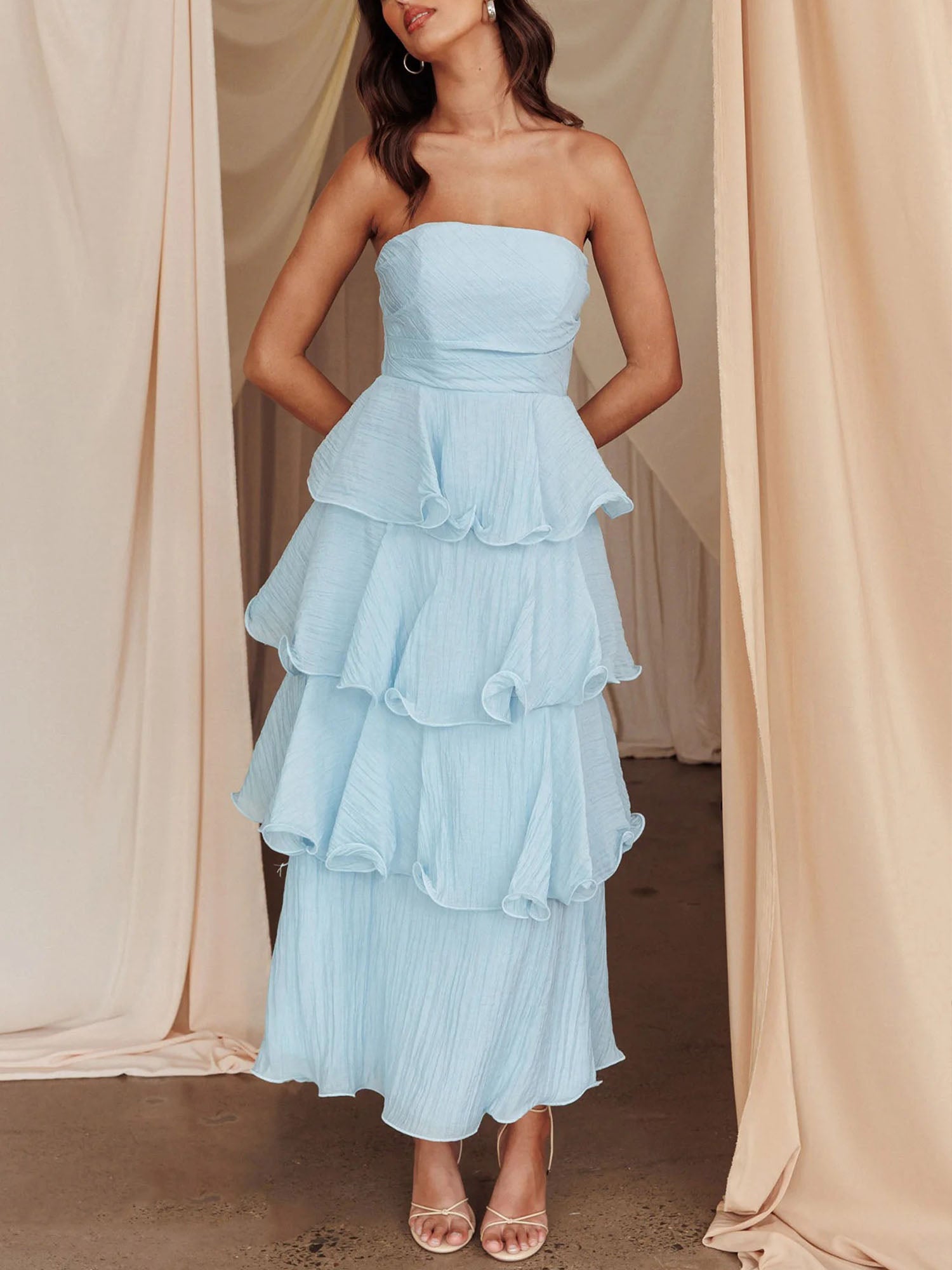Light Blue Strapless Tiered Midi Dress – Gretachic