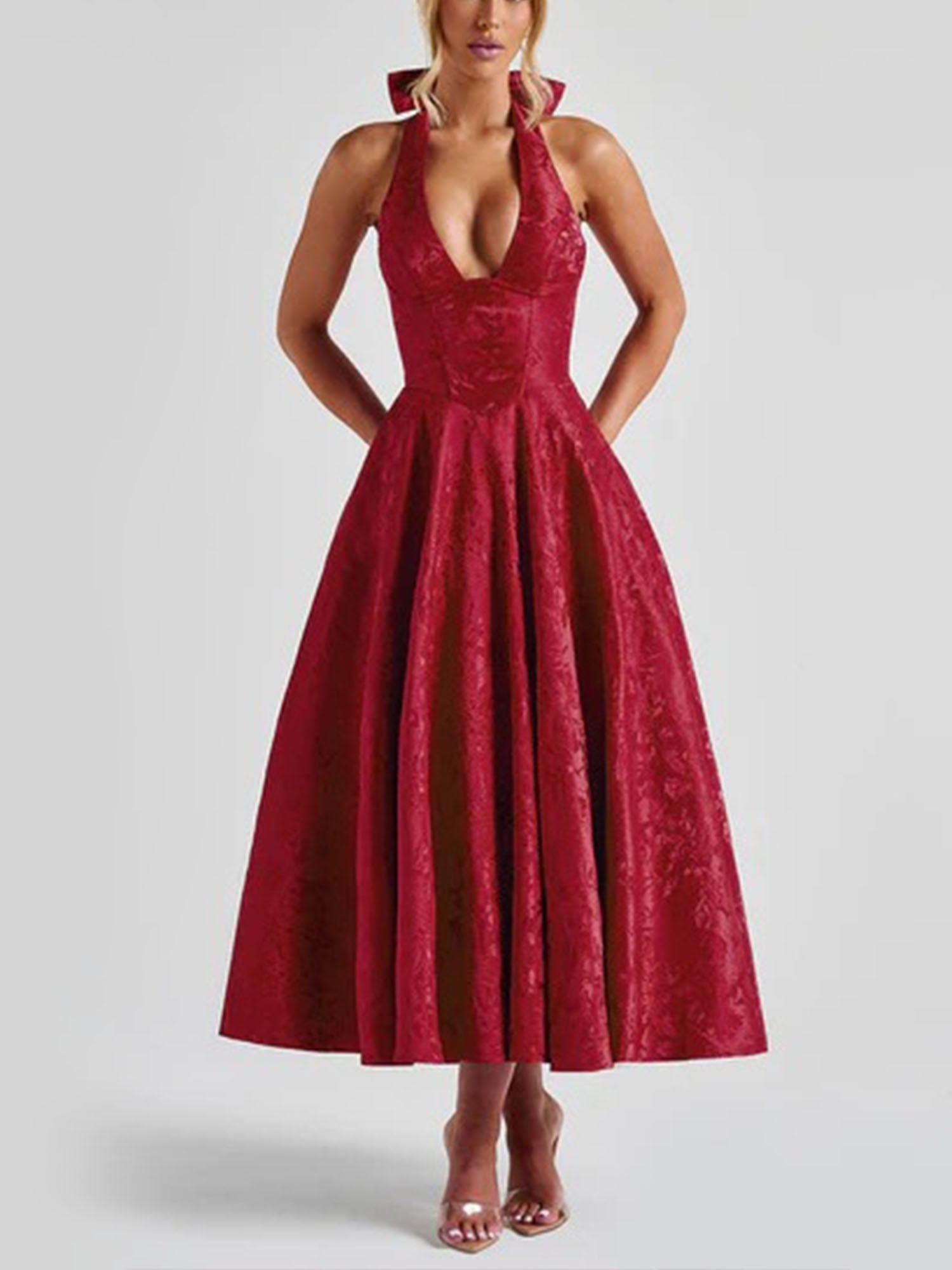 knee length dresses for ladies Red Halter Midi Casual Summer Dress with Pockets– PromGirl main image 0