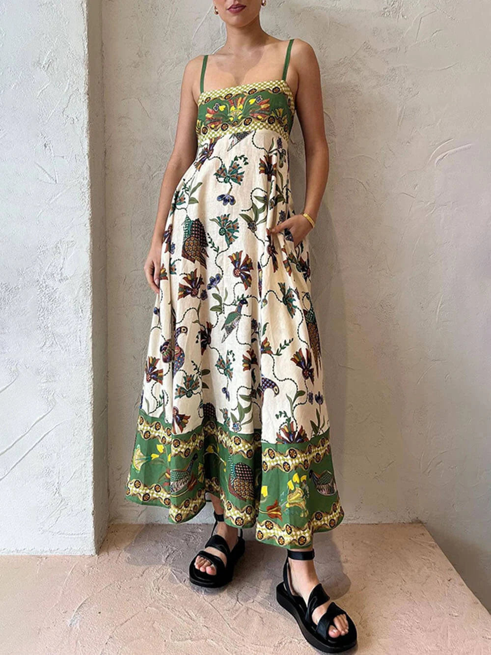 Green Floral Boho Maxi Dress