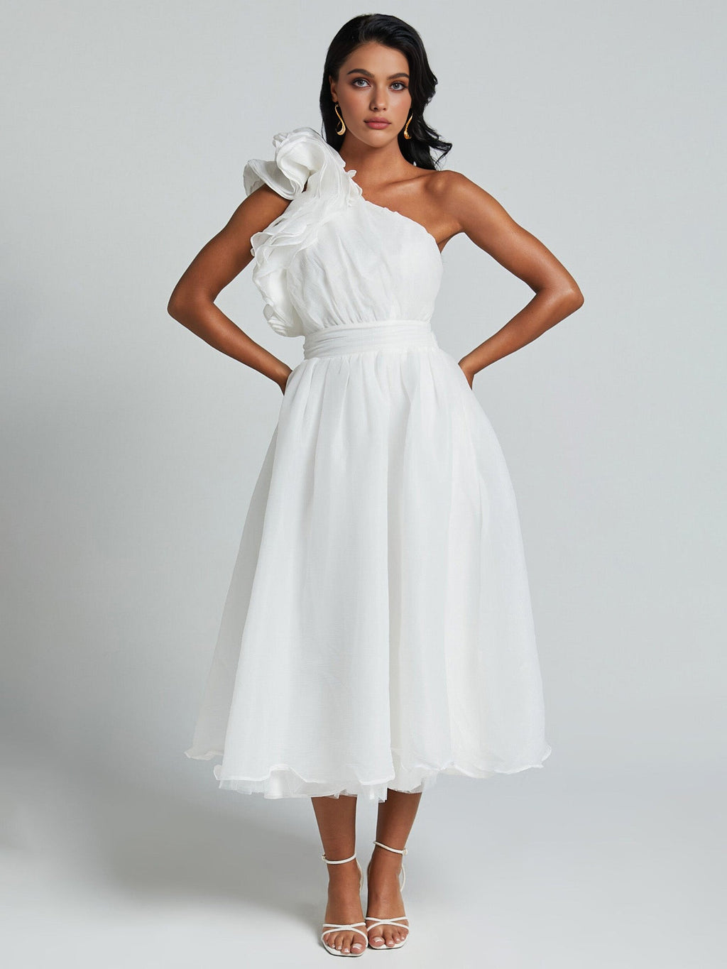 One-Shoulder Ruffle Accent Midi Dress
