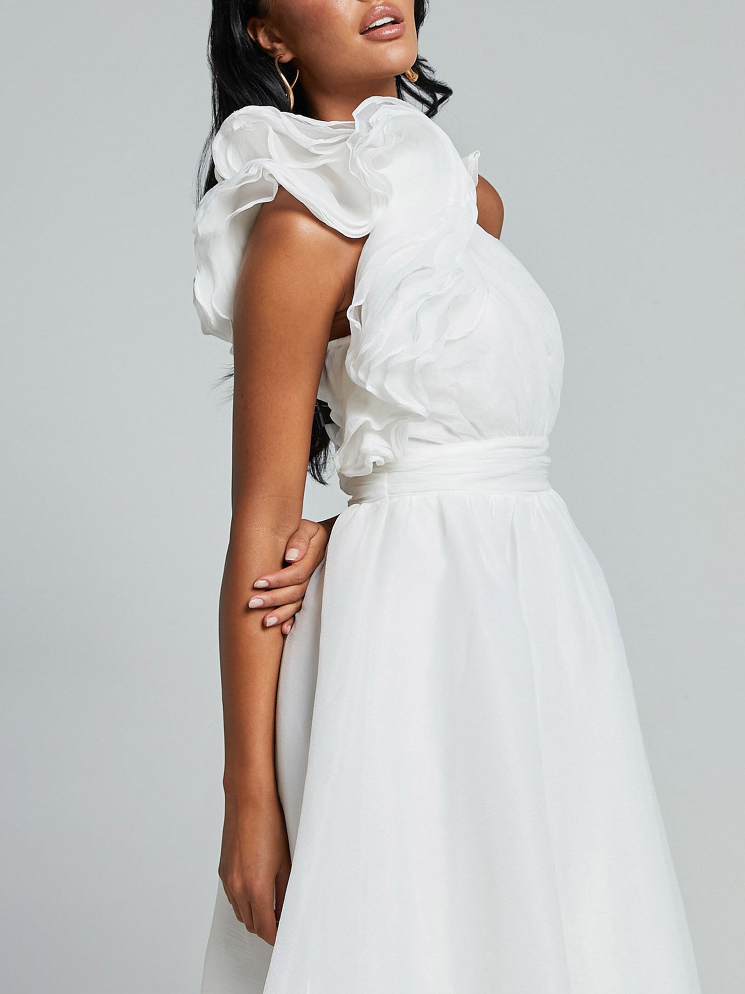 One-Shoulder Ruffle Accent Midi Dress