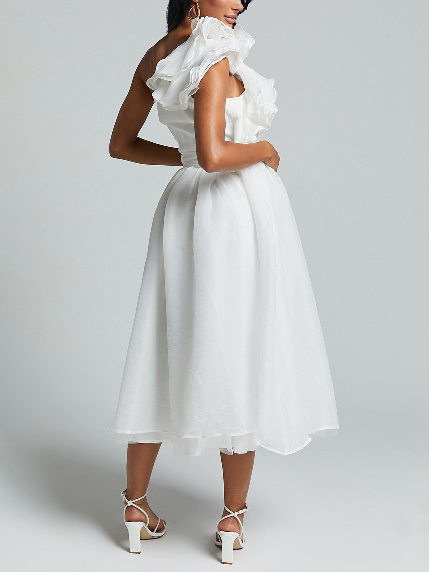 One-Shoulder Ruffle Accent Midi Dress