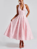 Pink Halter Flared Midi Dress