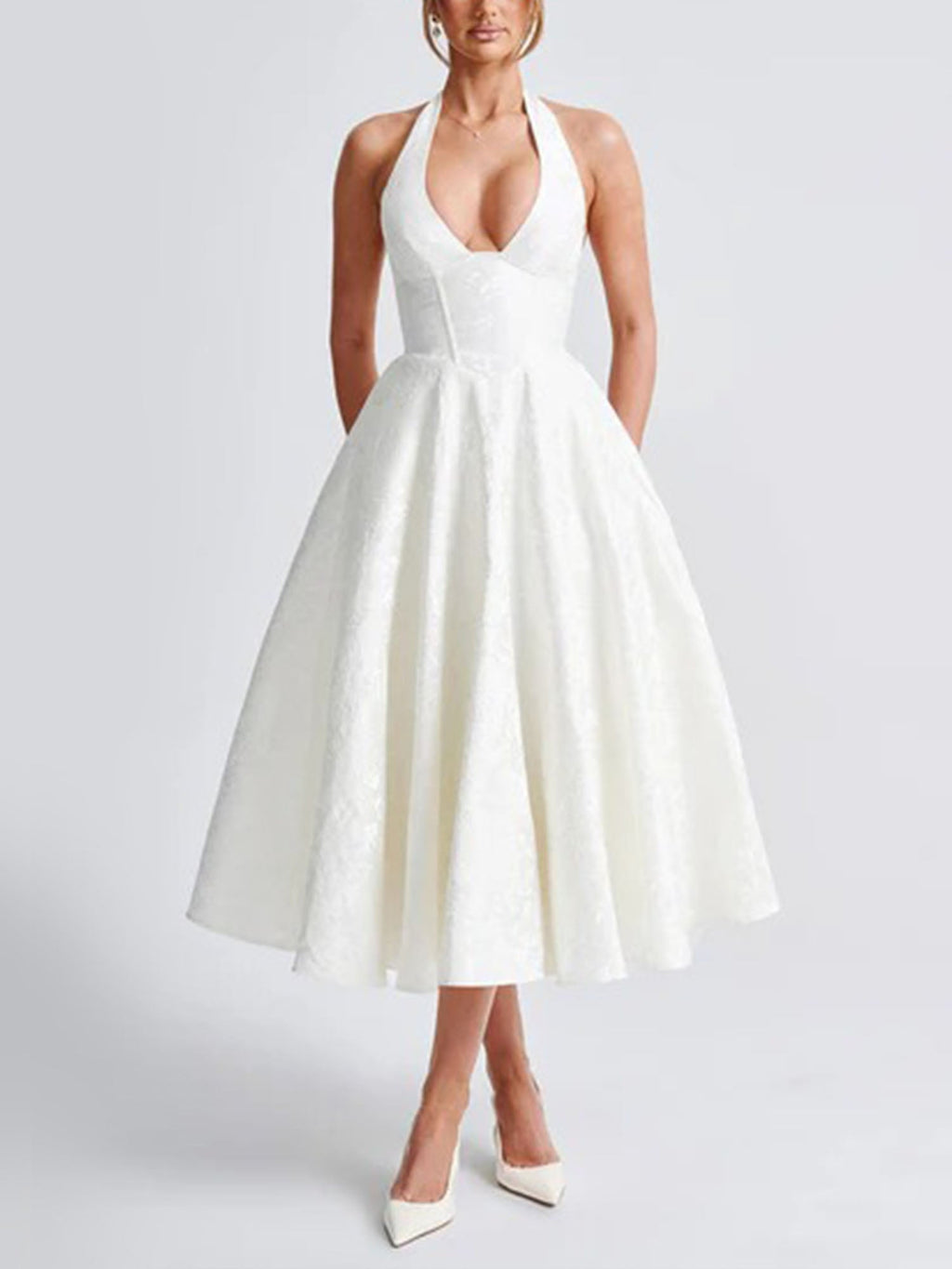 White Halter Flared Midi Dress