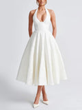 White Halter Flared Midi Dress