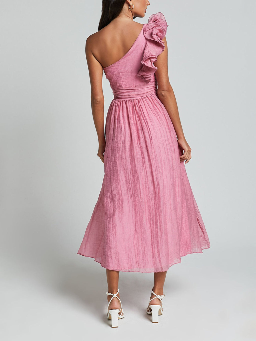 One-Shoulder Ruffle Accent Midi Dress