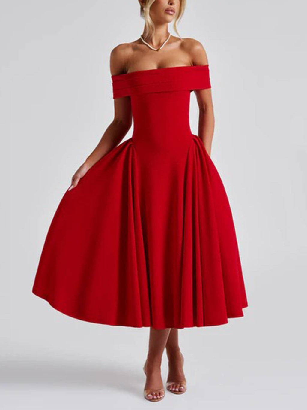Red Off-Shoulder Vintage-Inspired Midi Dress