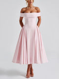 Pink Off-Shoulder Vintage-Inspired Midi Dress