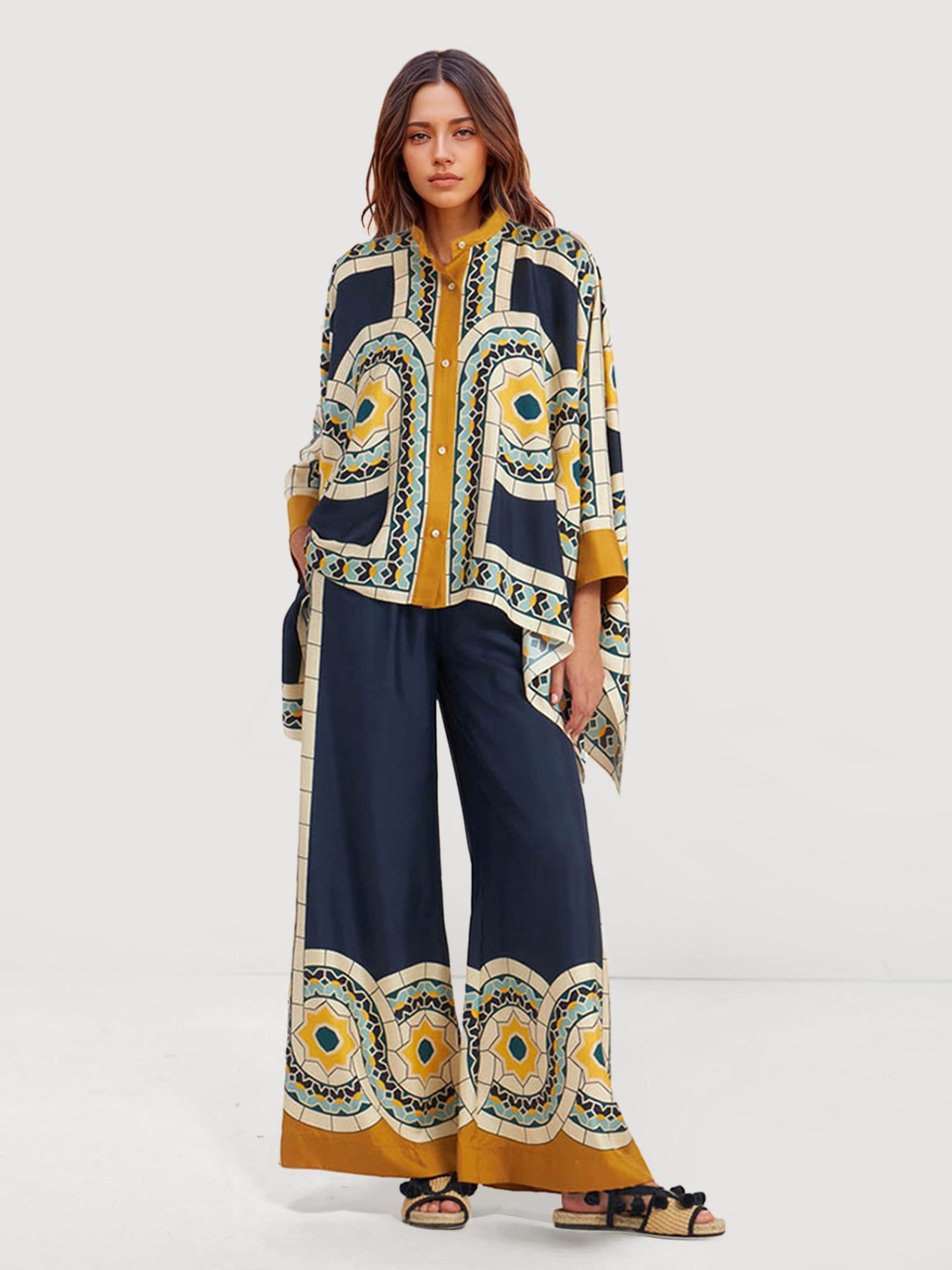 Geometric Print Oversized Button-Up Shirt