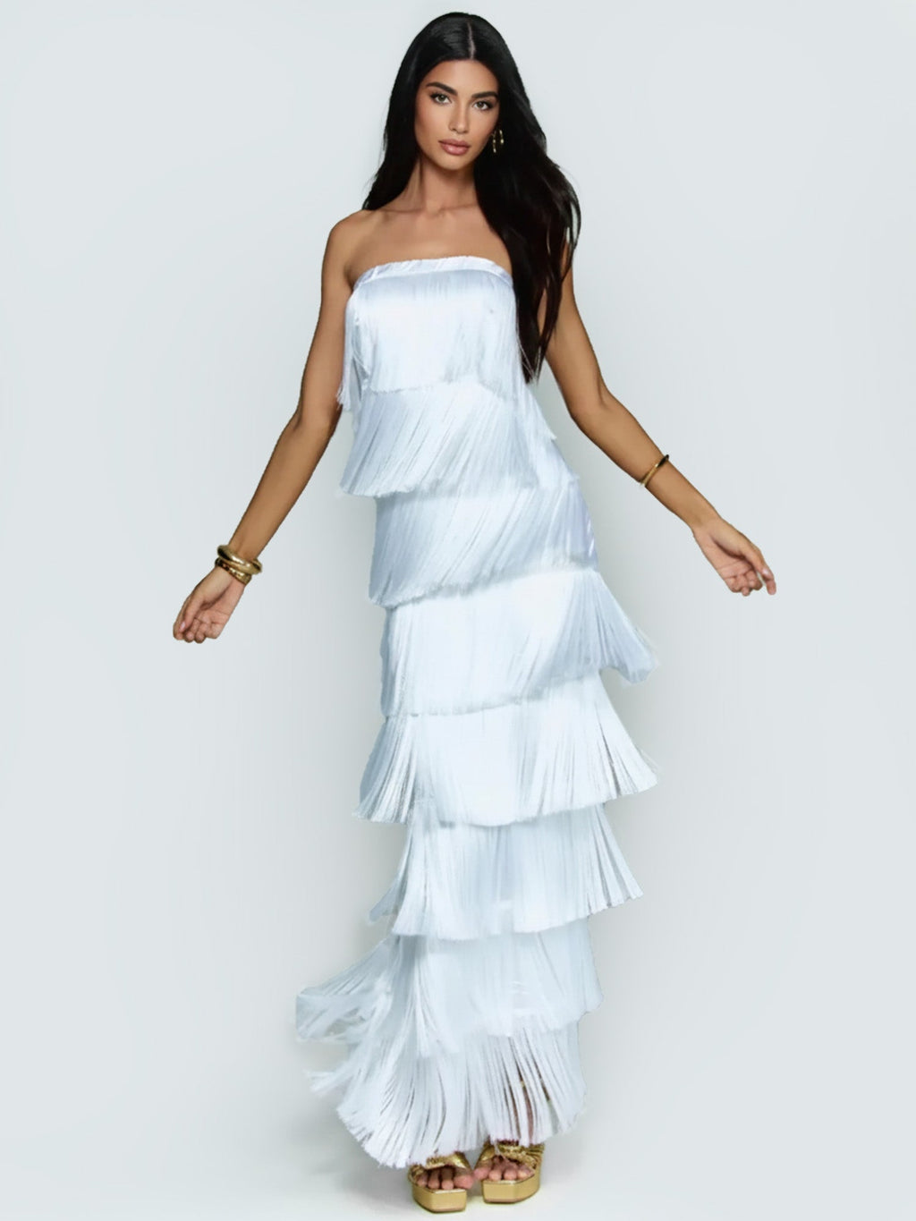 White Fringed Cascade Maxi Dress