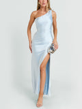 Ice Blue One-Shoulder Satin Maxi Dress