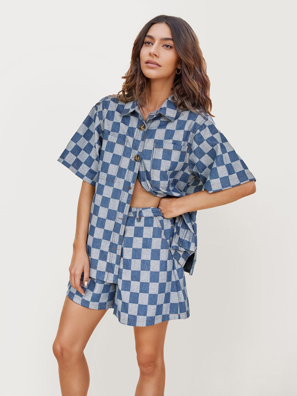 Set Pantai Denim Checkerboard Breeze
