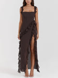 Brown Ruffled Cutout Maxi Dress with High Slit