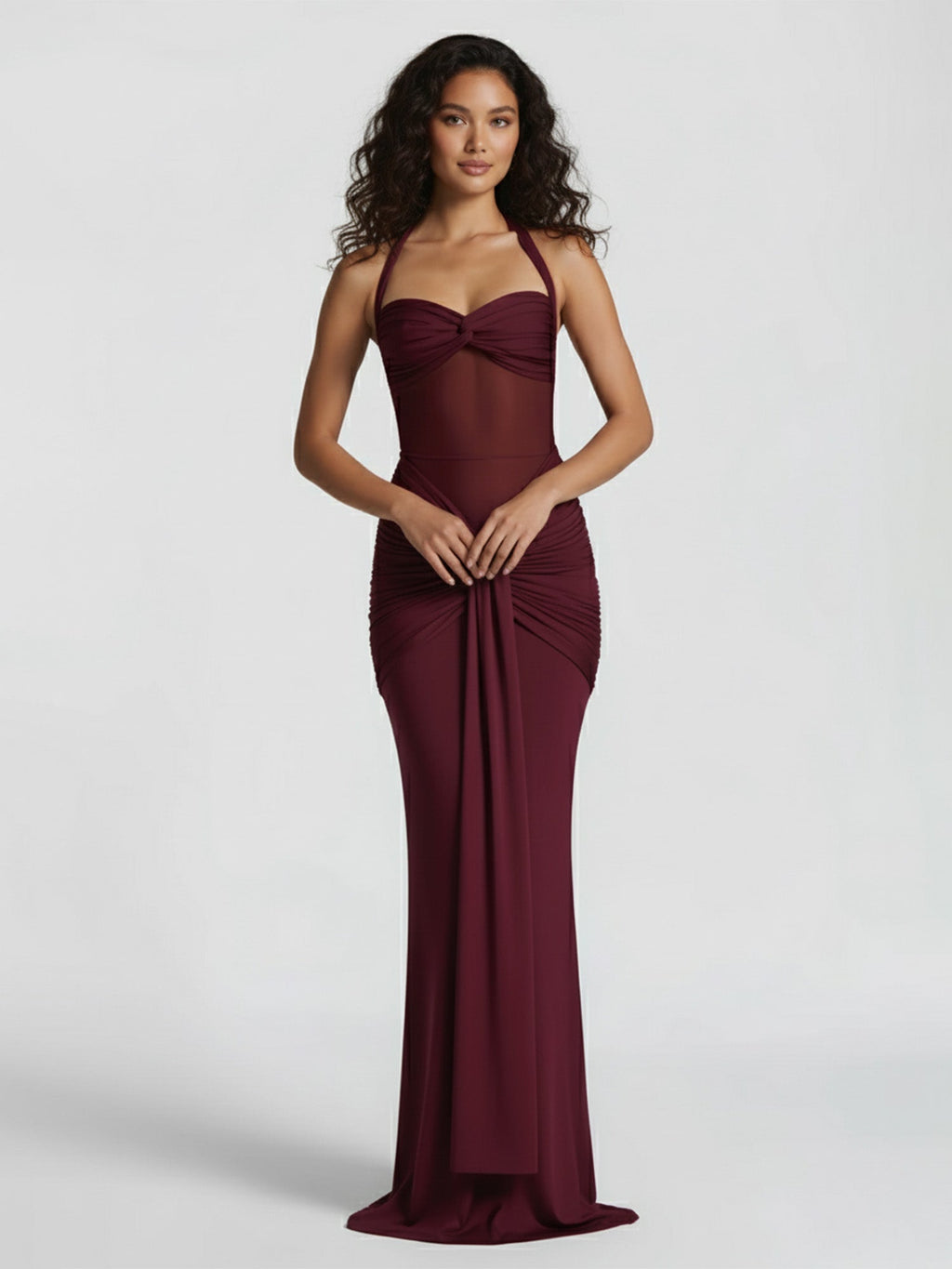 Red Draped Halter Maxi Dress Sheer Elegance