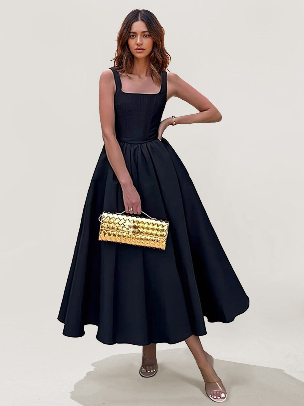 Gaun Midi Tanpa Tali Satin Elegan