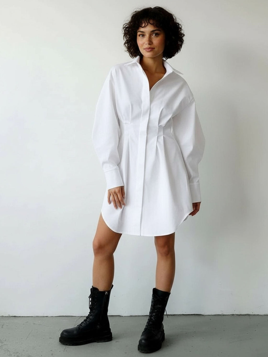 White Cinched Waist Shirt Dress Effortless A-Line