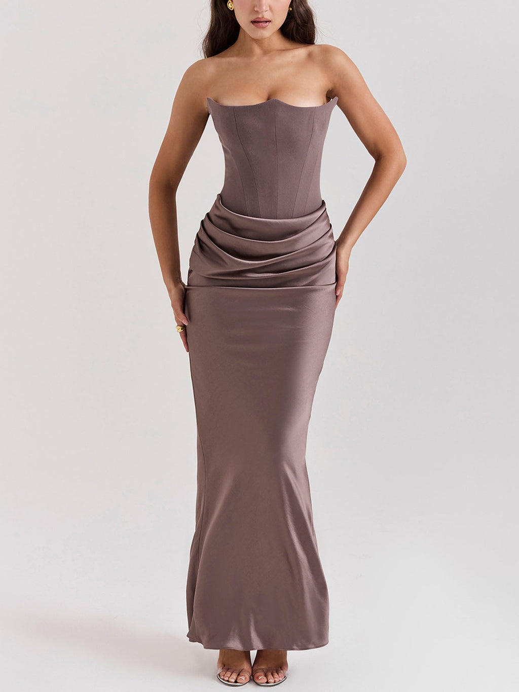 Gaun Maxi Bodycon Bertali Tanpa Tali Coklat