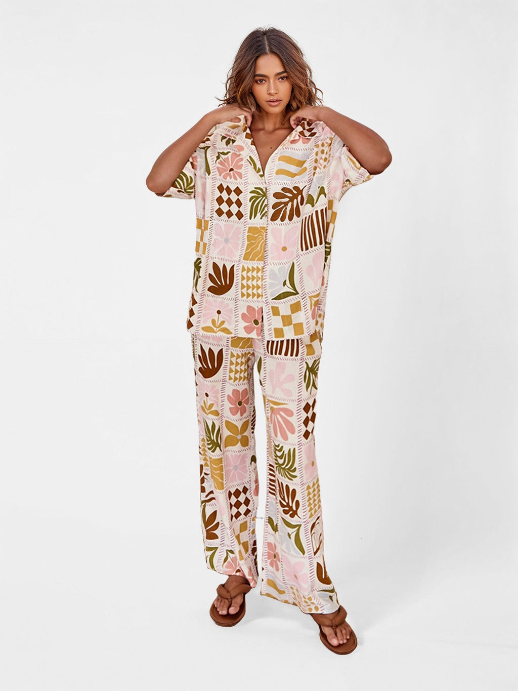Boho Patchwork Print Wide-Leg Pants