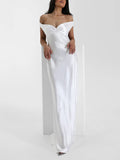 Pearl White Off-Shoulder Satin Maxi Dress