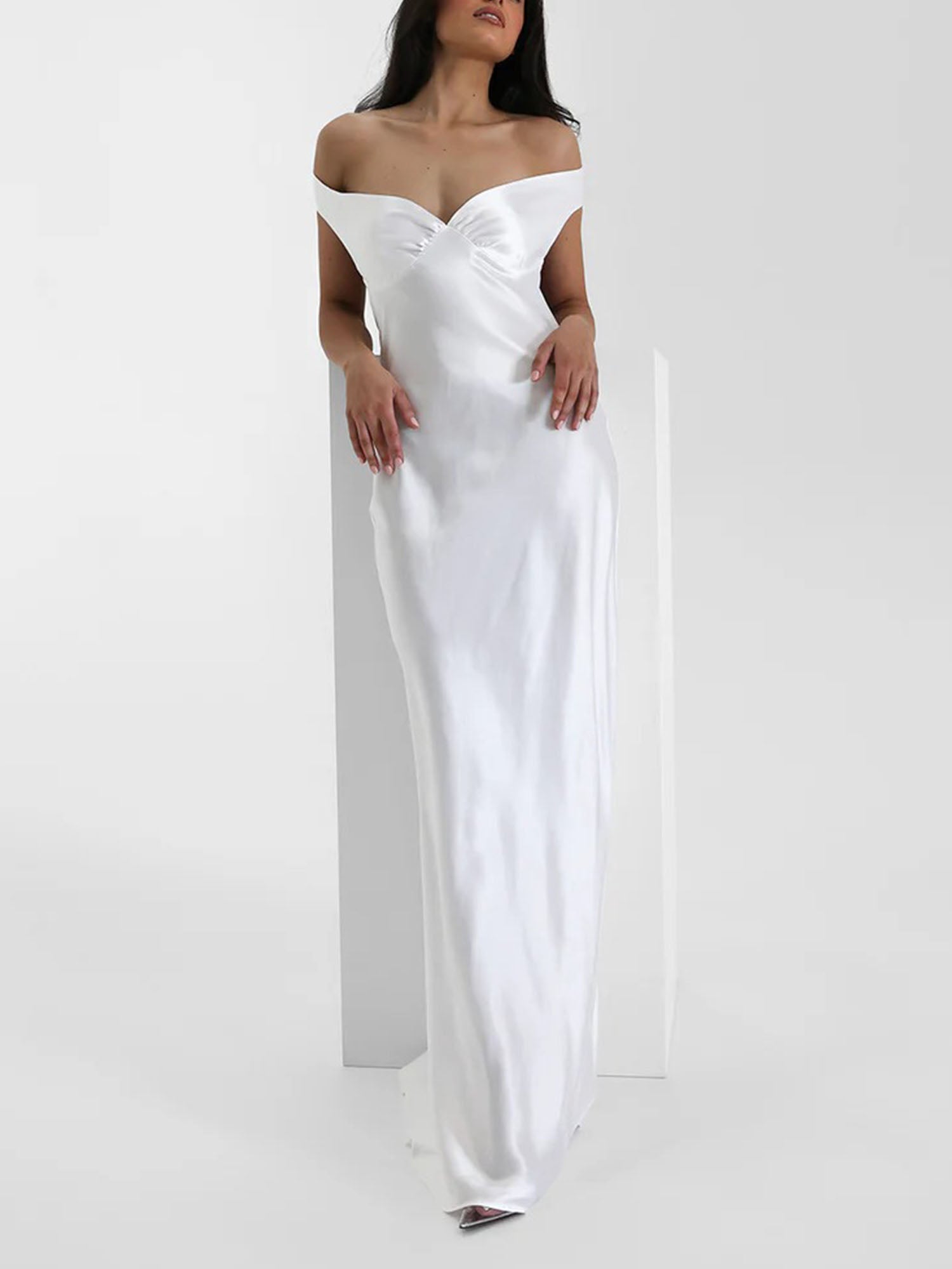 Pearl White Off-Shoulder Satin Maxi Dress