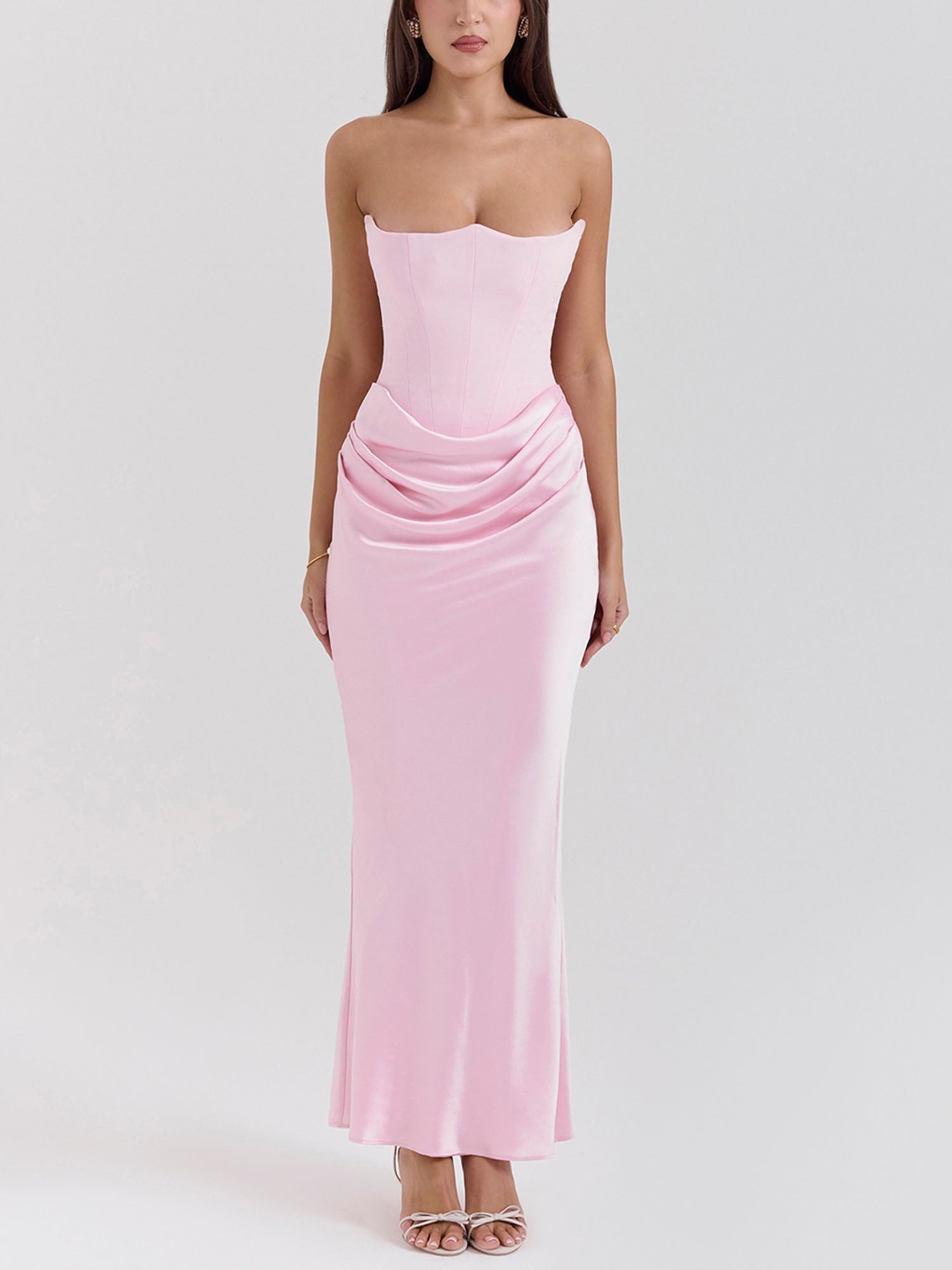 Pink Strapless Draped Bodycon Maxi Dress – Gretachic