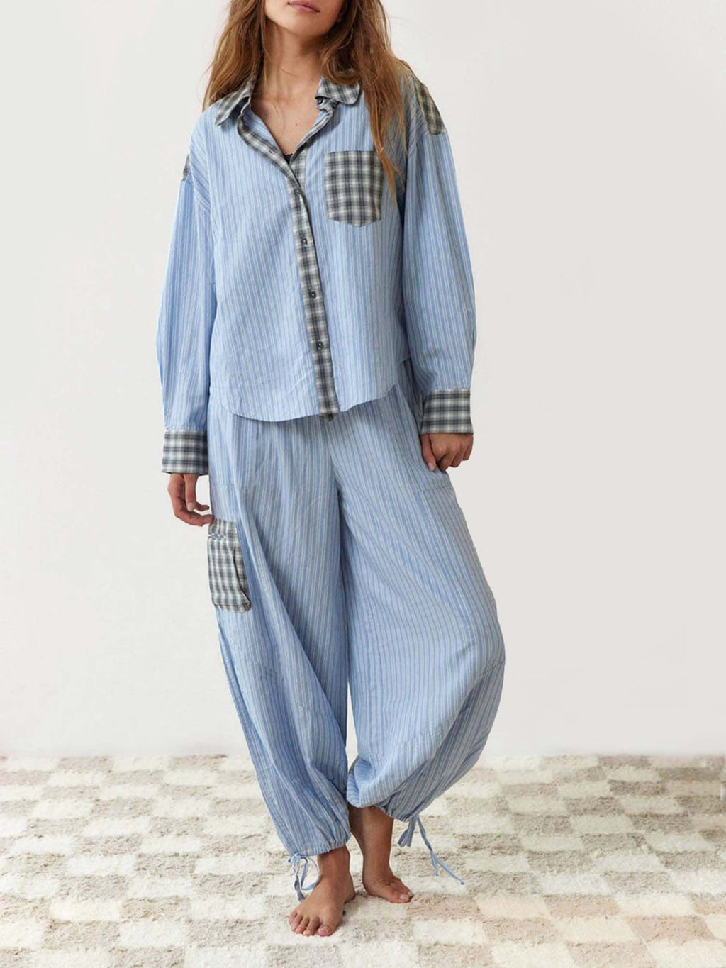Striped Pajama Set with Checkered Accents