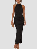 Black Halter Pleated Midi Dress