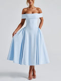 Blue Off-Shoulder Vintage-Inspired Midi Dress