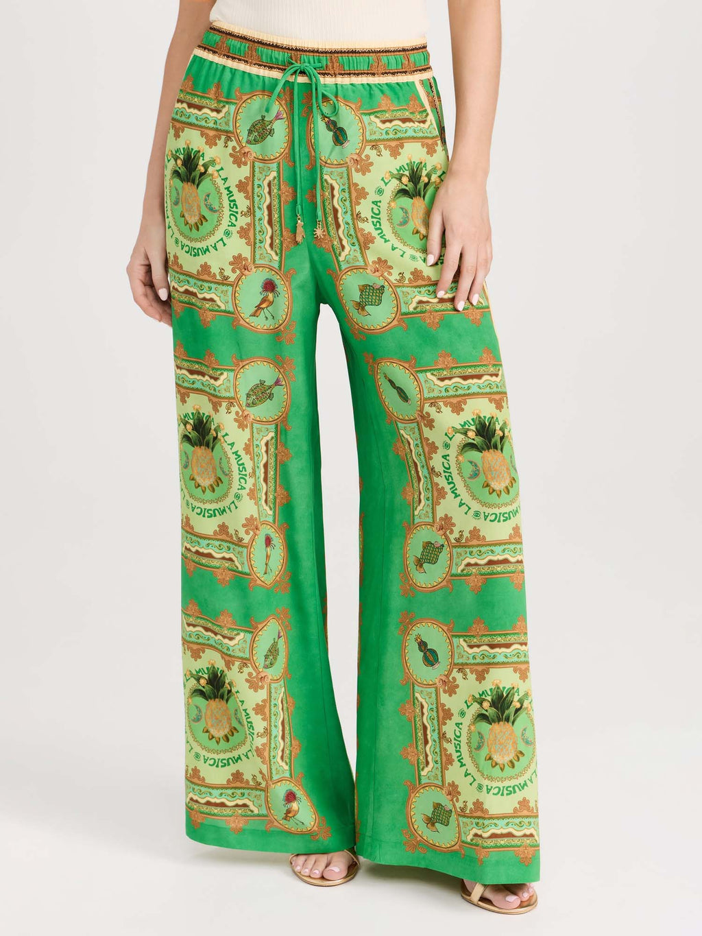 Green Paisley Print Wide-Leg Pants
