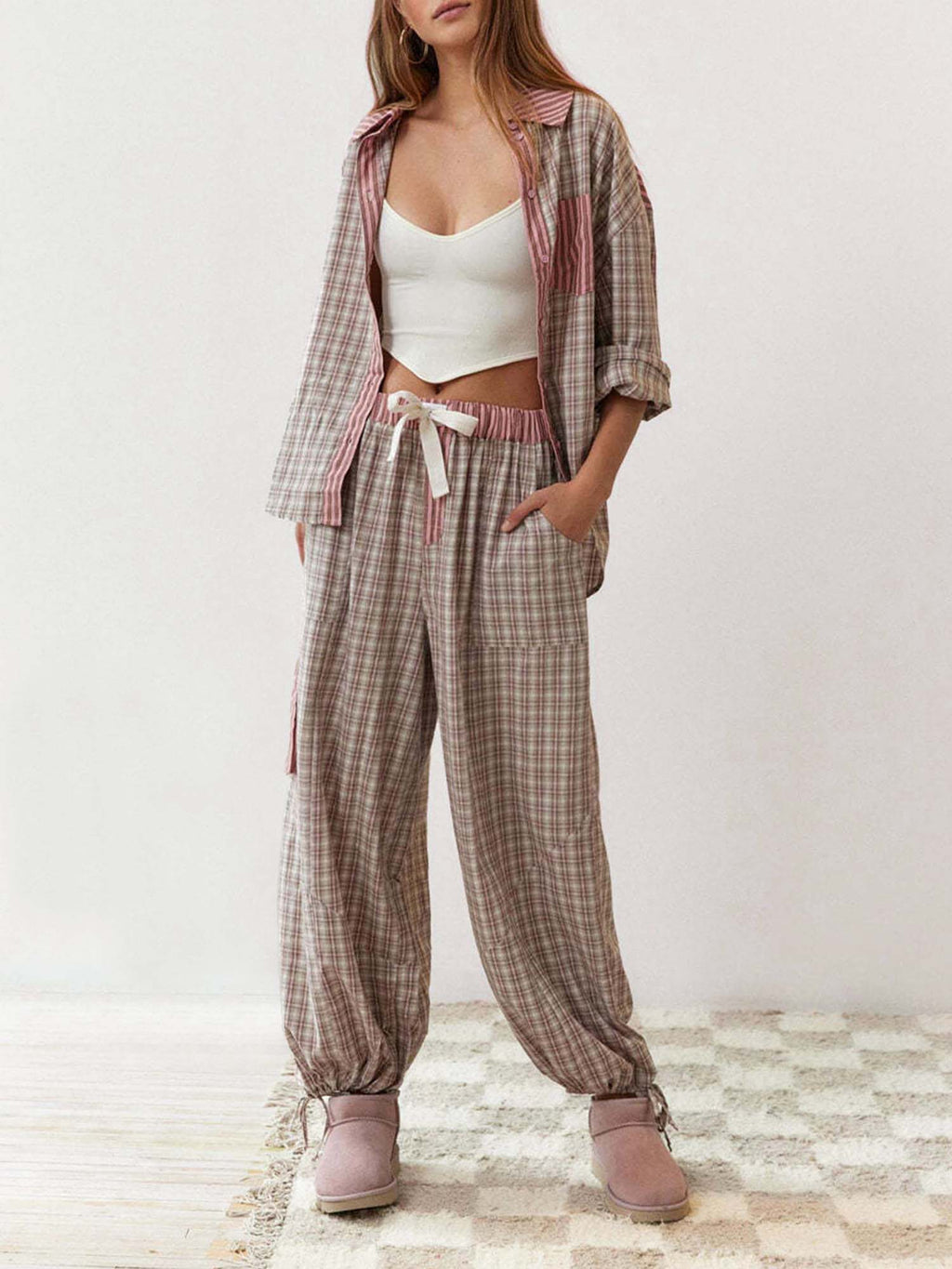 Set Pajama Kotak-kotak dengan Saiz Selesa