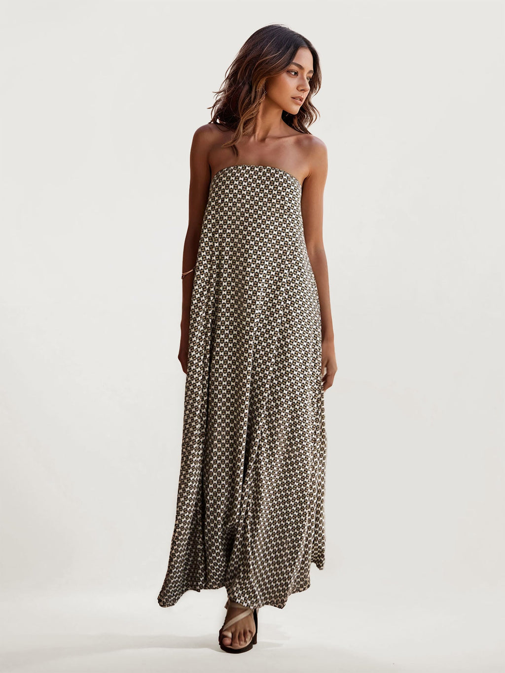 Geometric Print Strapless Maxi Dress