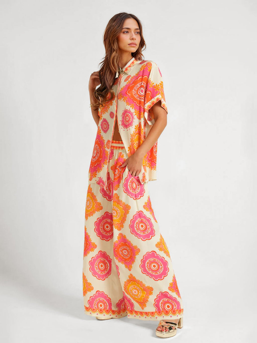 Retro Floral Print Wide-Leg Pants