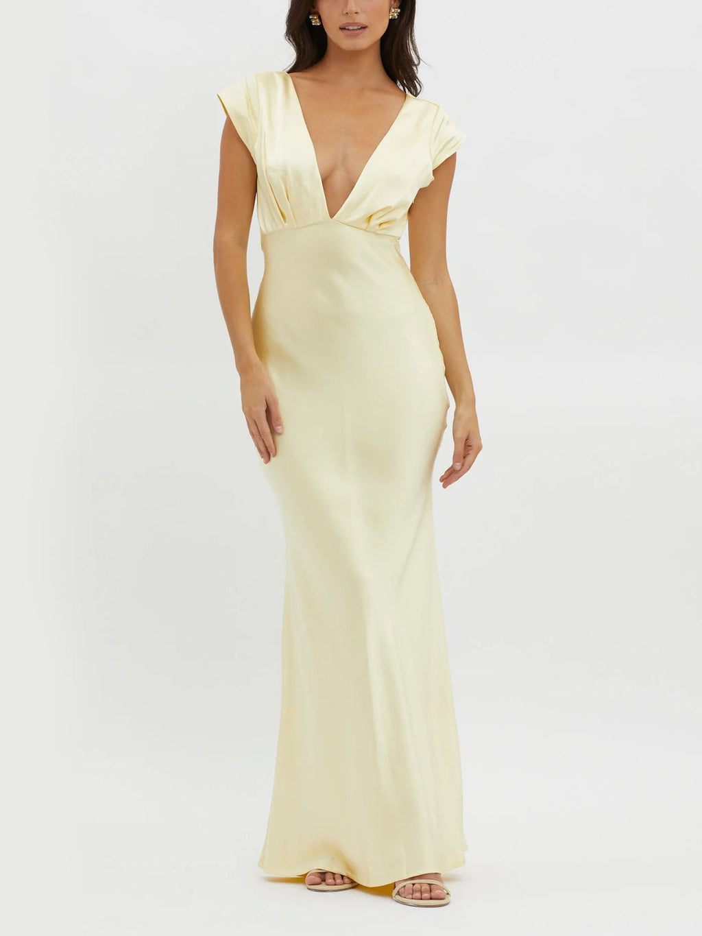 Lemon Cream Plunge Neck Maxi Dress