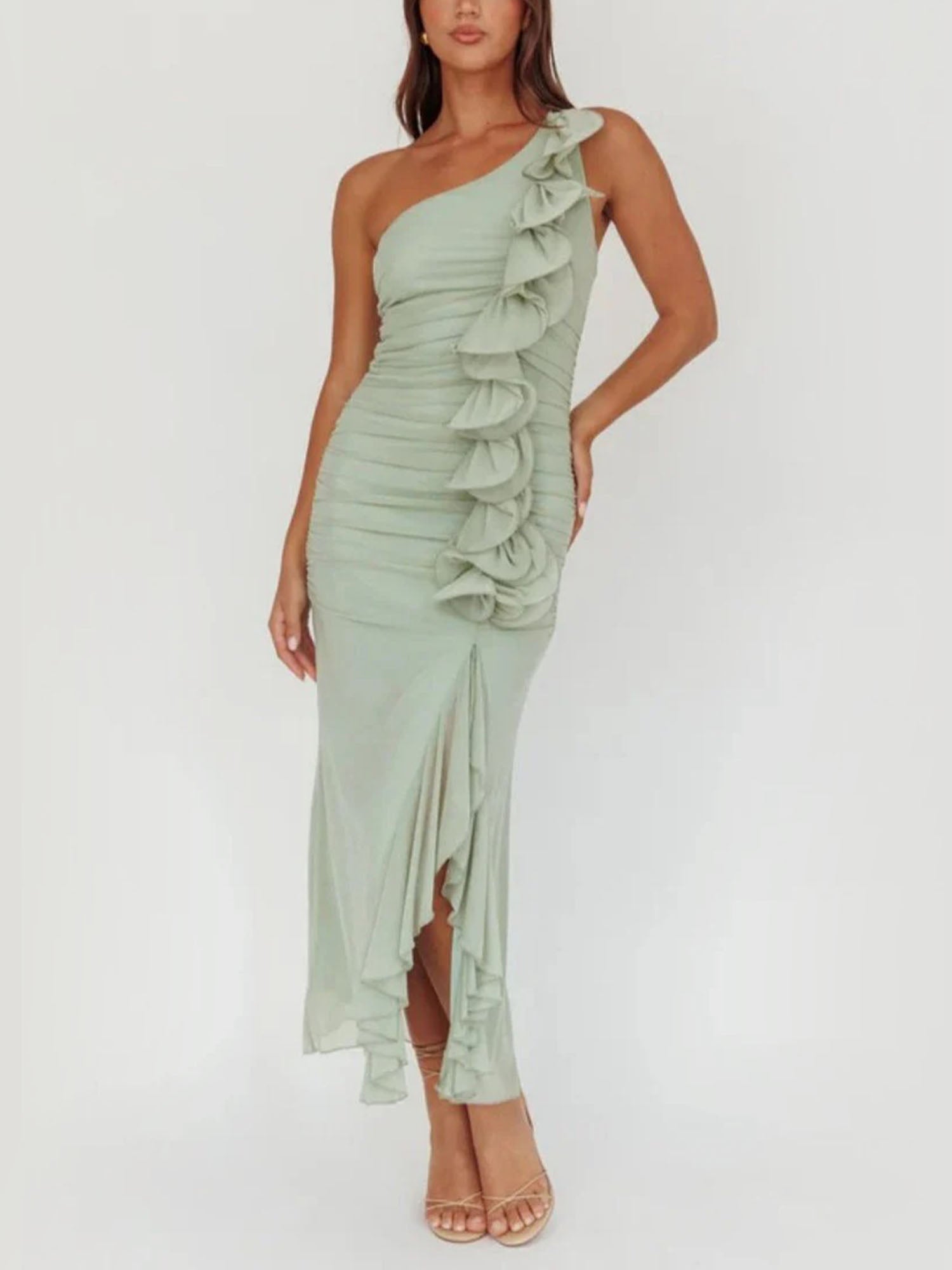 Light Green One Shoulder Ruffle Midi Dress