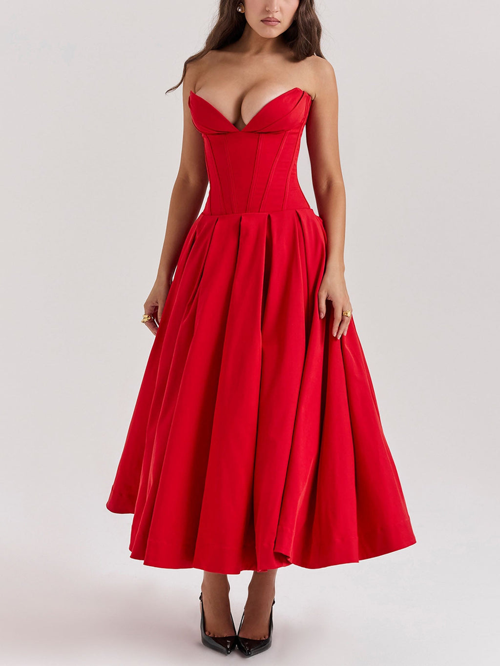 Red Strapless Fit-and-Flare Midi Dress