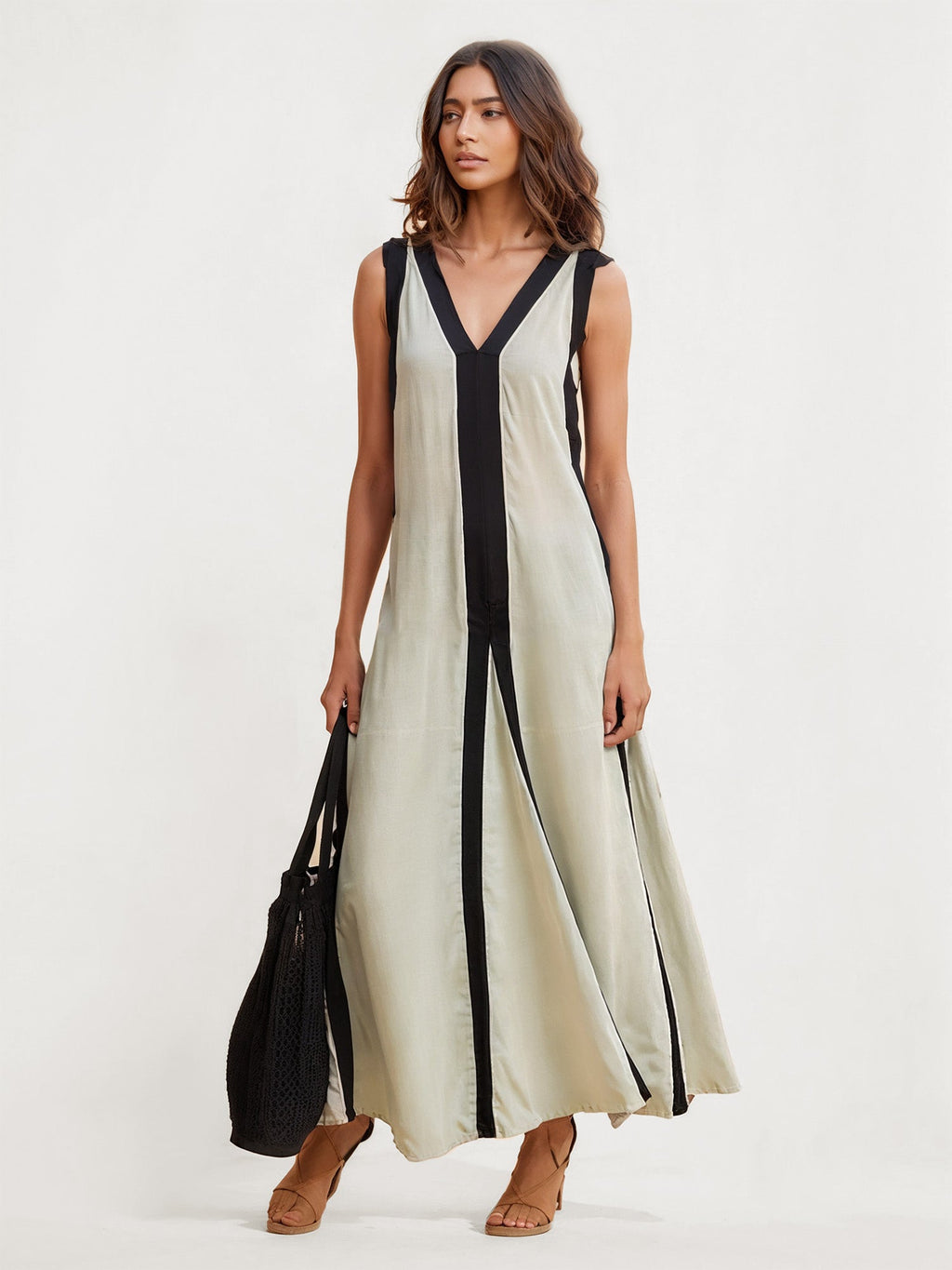Color Block V-Neck Maxi Dress with Split