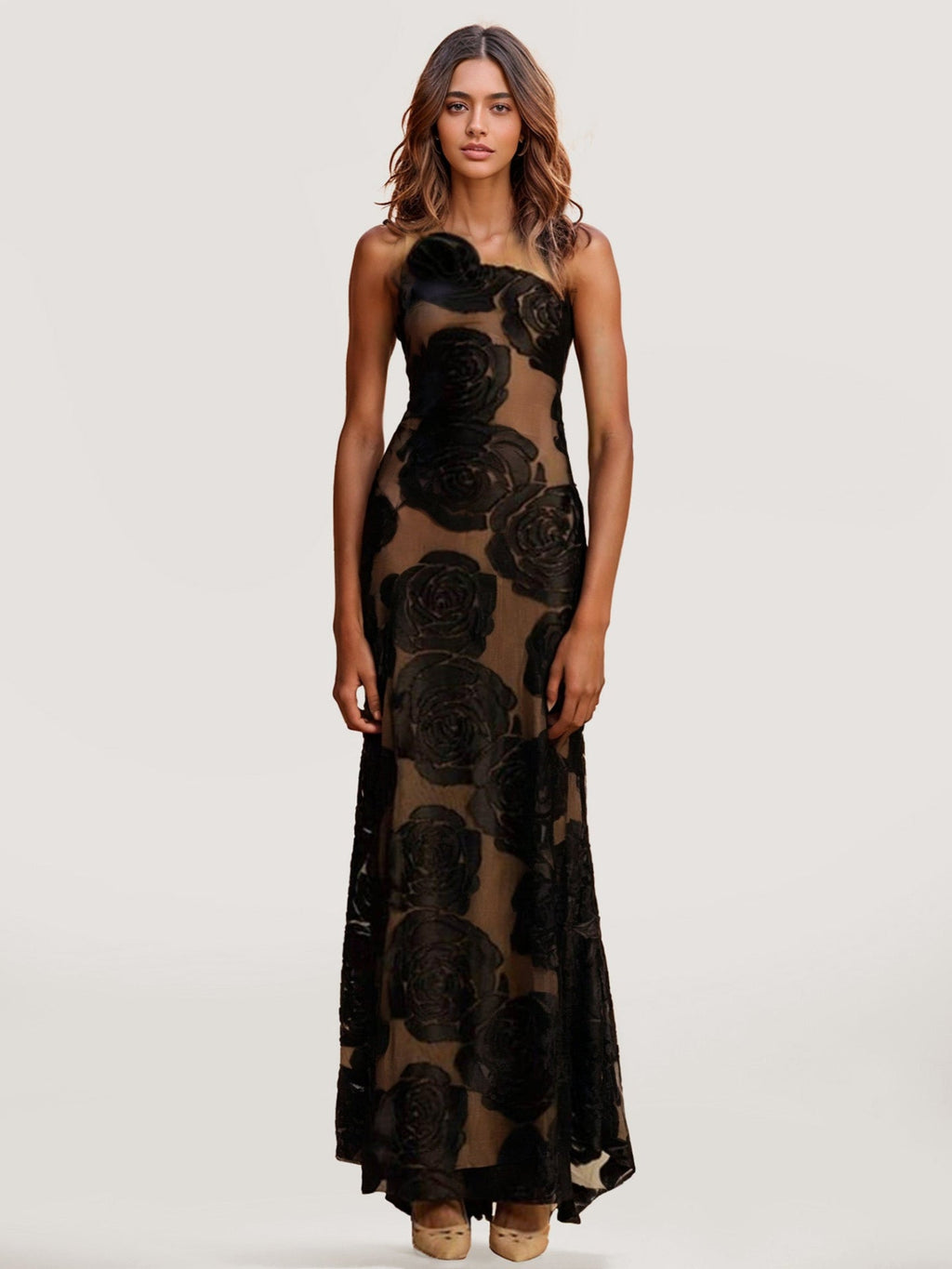One-Shoulder Floral Embroidered Maxi Dress