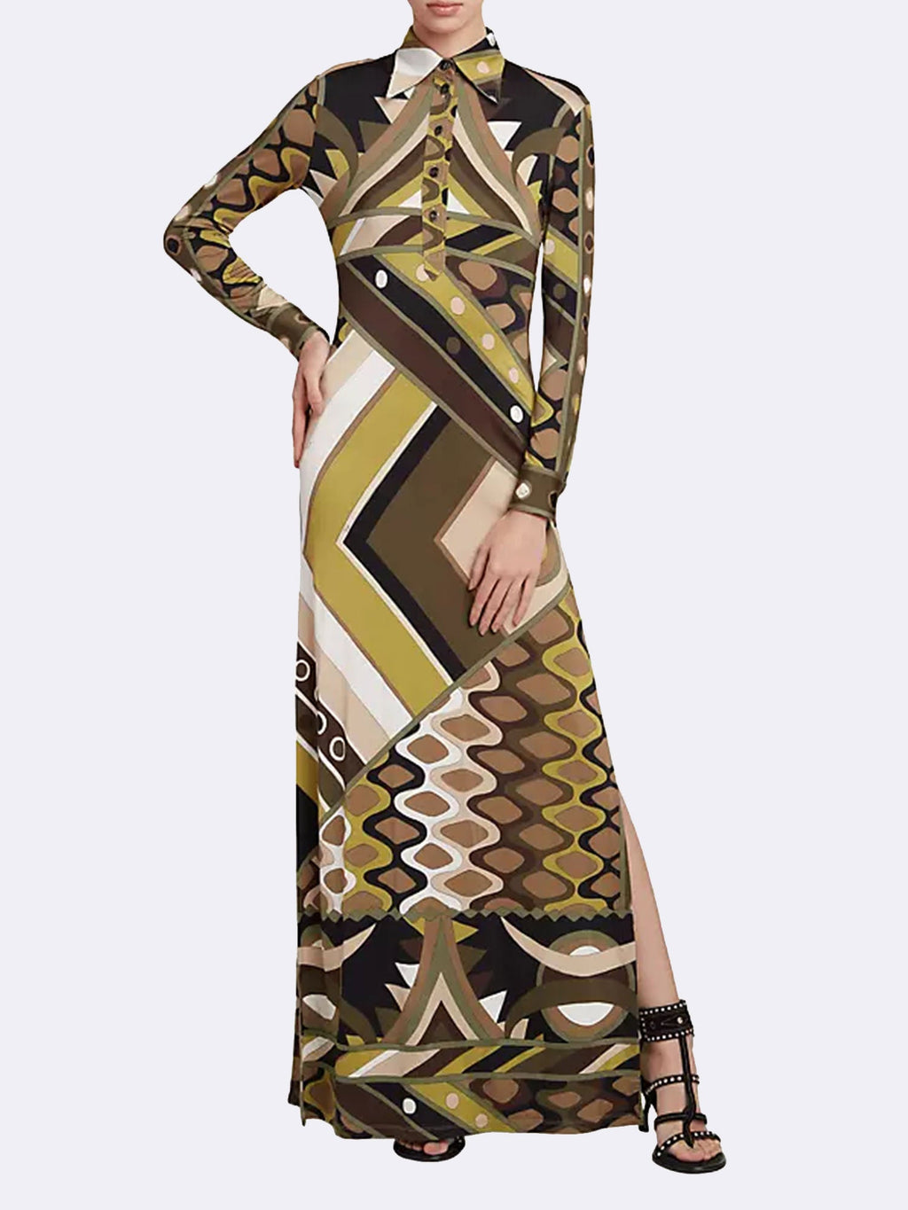 Retro Print Maxi Dress with Long Sleeves
