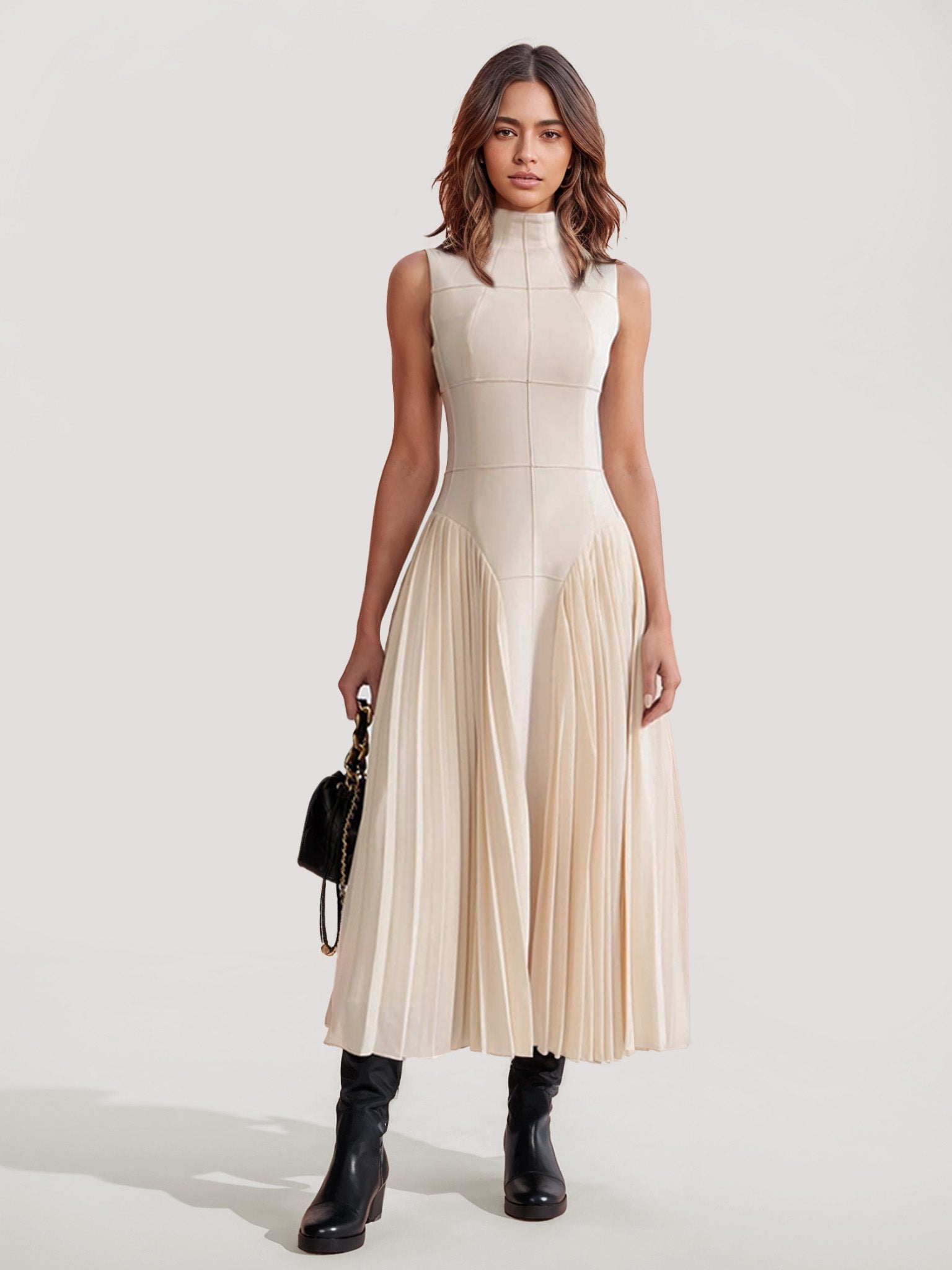 Pleated Midi Dress with Geometric Design