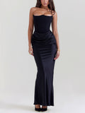 Black Strapless Draped Bodycon Maxi Dress